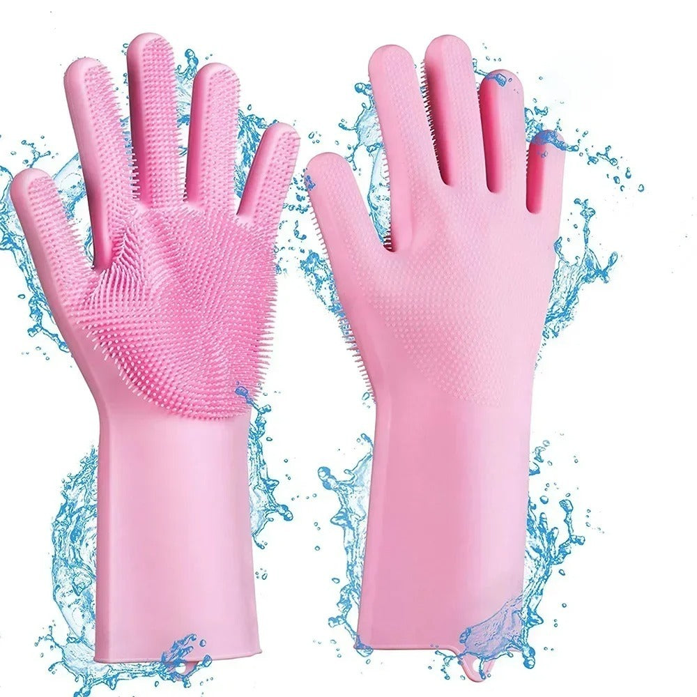 Magic Silicone Dish washing Gloves – Reusable Rubber Cleaning Gloves with Built-In Scrubber for Kitchen & Household Use (Random color)