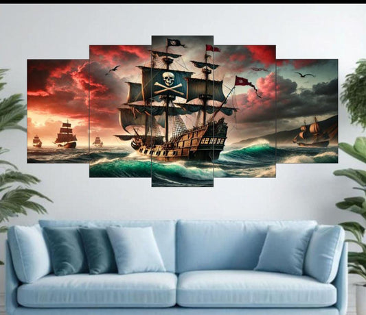 Pirate Ship Ocean Voyage Wall Art – 5-Piece Canvas Set (16x40 inches) | Wooden Sticky Tile Frames with Double Tape