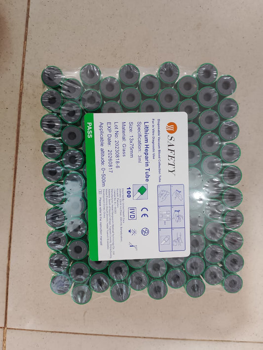 SAFETY Lithium Heparin Vacuum Blood Collection Tubes (Glass, 3ml, 13x75mm) - Pack of 100..