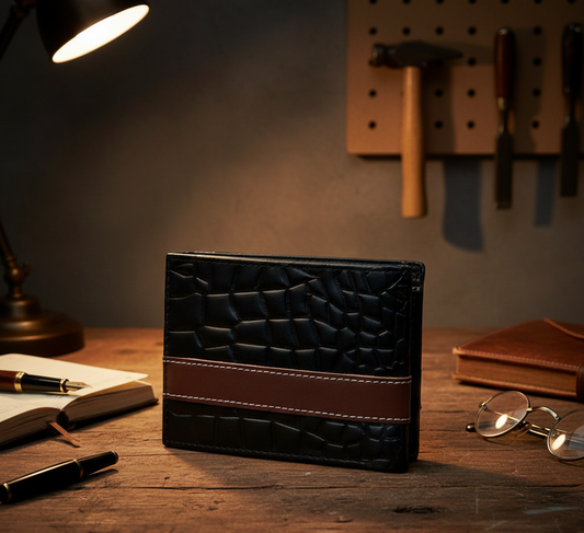 Men’s Croc-Texture Cow Leather Wallet – Black with Maroon Strip | Stylish Bifold Slim Wallet.