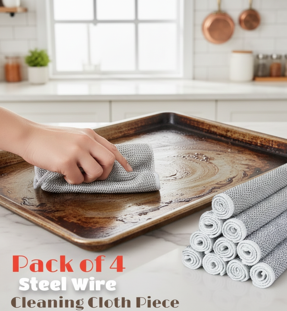 Pack of 4 Kitchen Steel Mesh Wire DishWasher Cleaning Cloth – Durable Dishwashing Scrubber Pads for Utensils, Pots, Pans &amp; Daily Kitchen Cleaning.