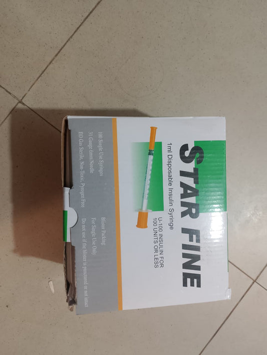 Star Fine Insulin Syringes – 100 Pcs Box | Ultra-Fine Needle, Sterile &amp; Single-Use Medical Syringes.