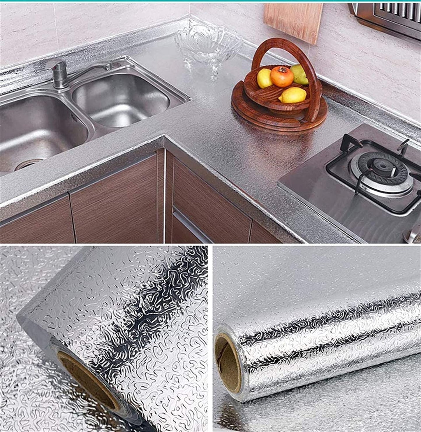 Silver Foil Kitchen Waterproof & Oil Proof Sticker | Aluminum Foil Self-Adhesive Sheet for Stove, Cabinets & Walls – Heat Resistant Wallpaper (60×200cm)