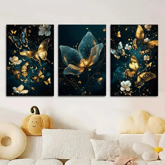 3 Pcs Butterfly Wall Art Frame Set – Elegant Golden Butterfly And Floral Design With Wooden Sticky Tile