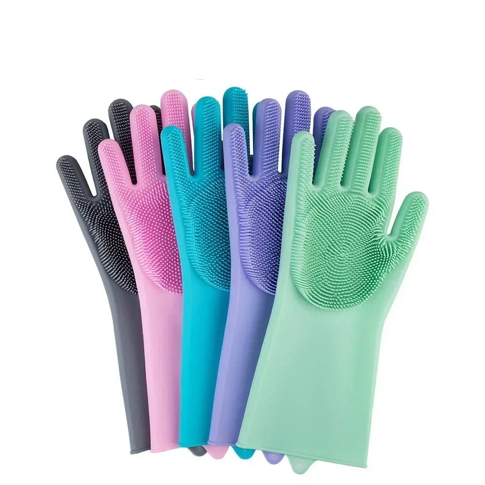 Magic Silicone Dish washing Gloves – Reusable Rubber Cleaning Gloves with Built-In Scrubber for Kitchen & Household Use (Random color)