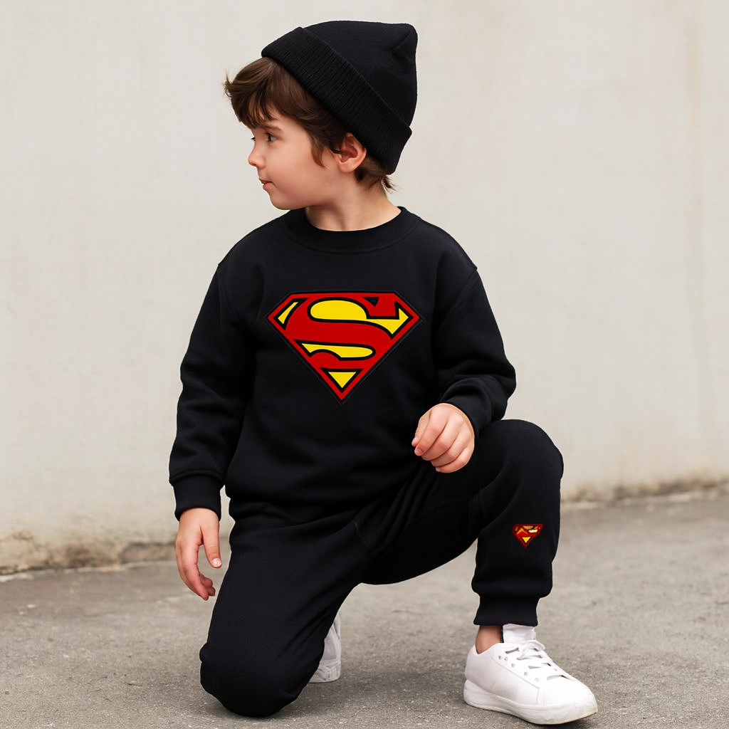 Black Batman Printed Fleece Winter Kids Tracksuit