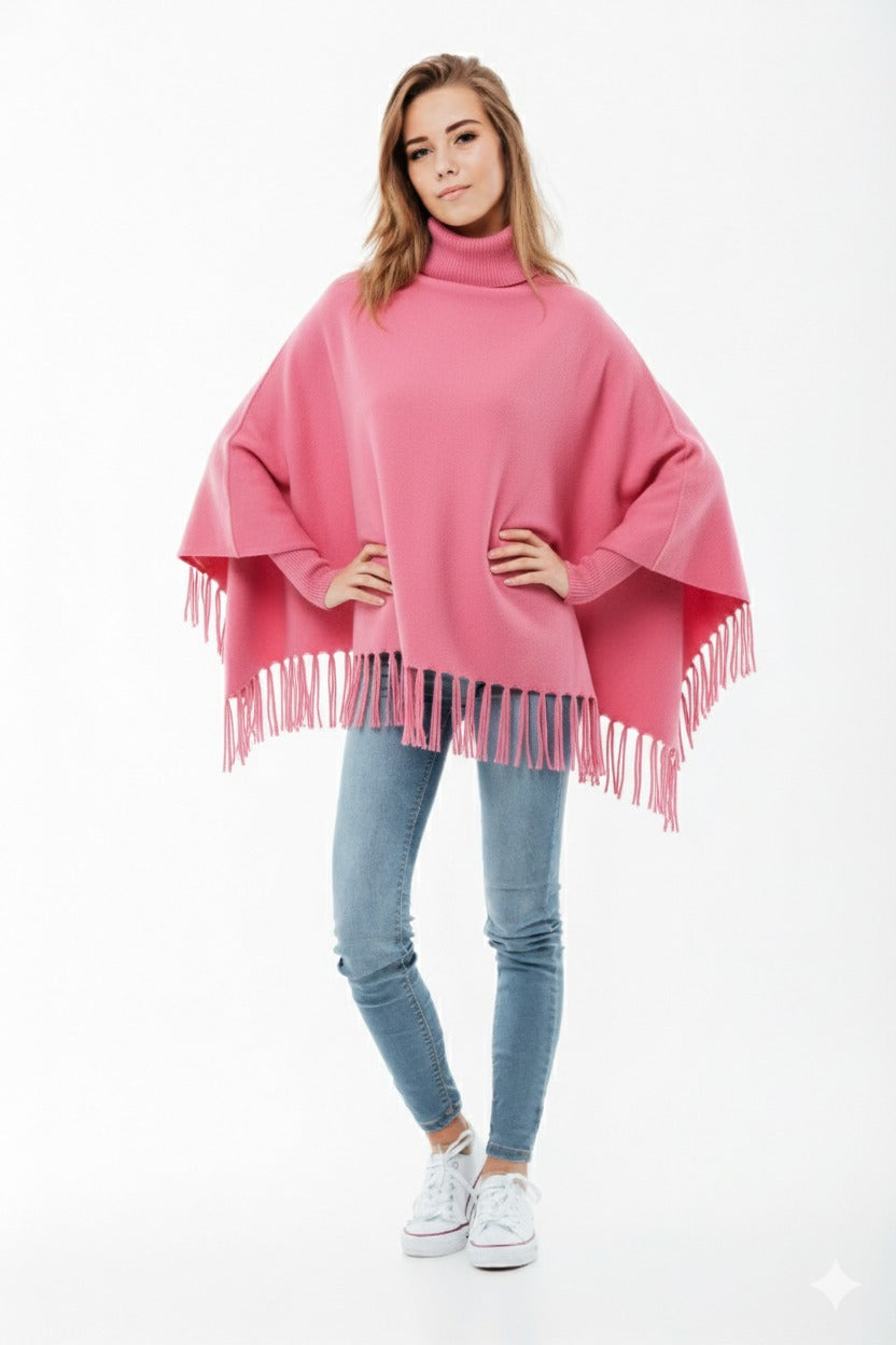 Winter Fleece Poncho with High Neck, Tassel Design &amp; Adjustable Short Sleeves – For Girls/Princess Free Sizes.