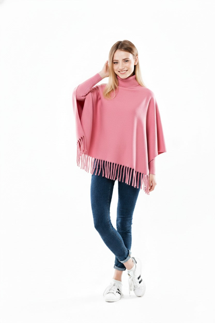 Winter Fleece Poncho with High Neck, Tassel Design &amp; Adjustable Short Sleeves – For Girls/Princess Free Sizes.