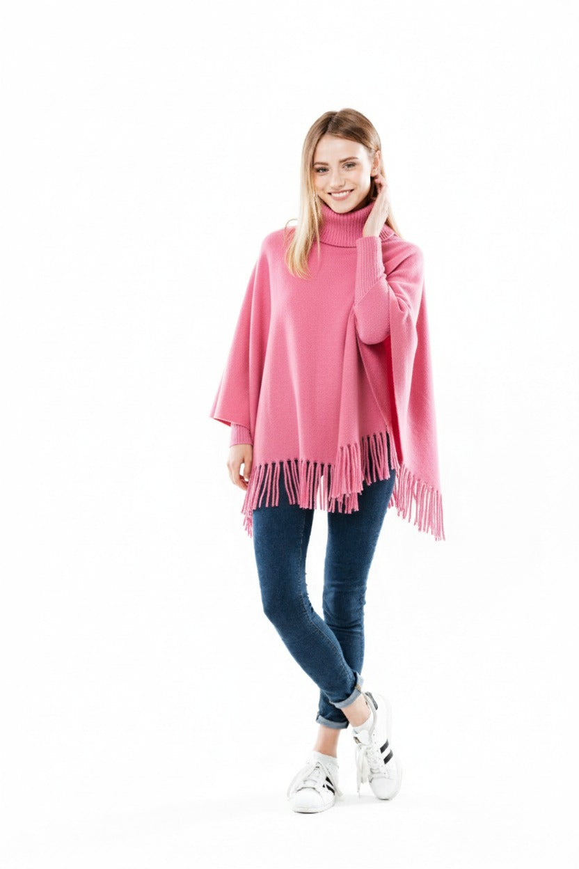 Winter Fleece Poncho with High Neck, Tassel Design &amp; Adjustable Short Sleeves – For Girls/Princess Free Sizes.