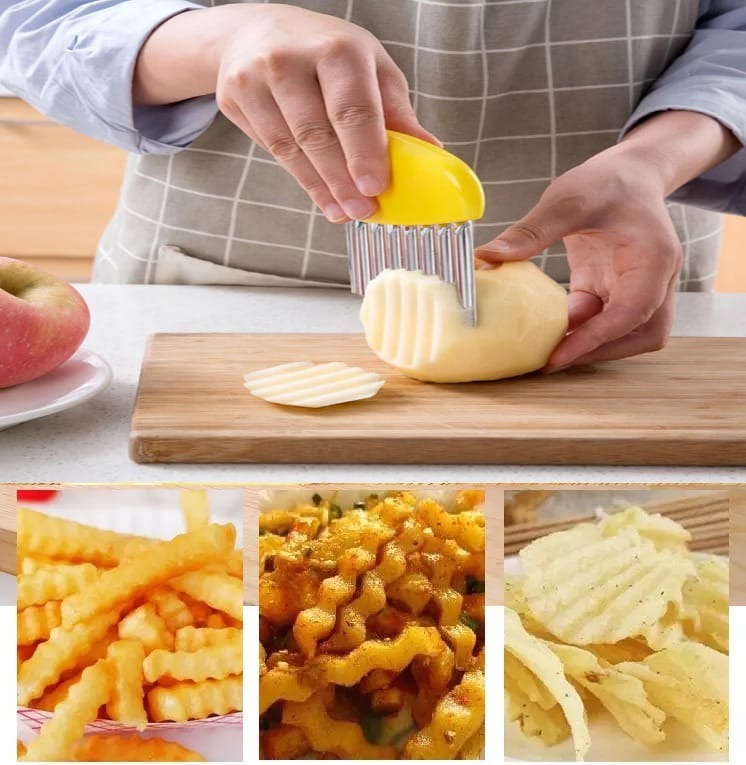 French Fry Crinkle Cutter – Stainless Steel Wavy Slicer Knife for Potatoes, Vegetables &amp; Fruits | Easy Grip
