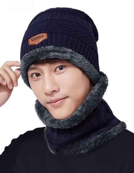 Wool Cap With Neck Warmer | Beanie And Scarf Set | Winter Thermal Wool Cap For Men And Women (Random Color).