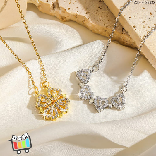 ZGE-923 Korean Magnetic 4 Leaf Clover Pendant Necklace- Golden.