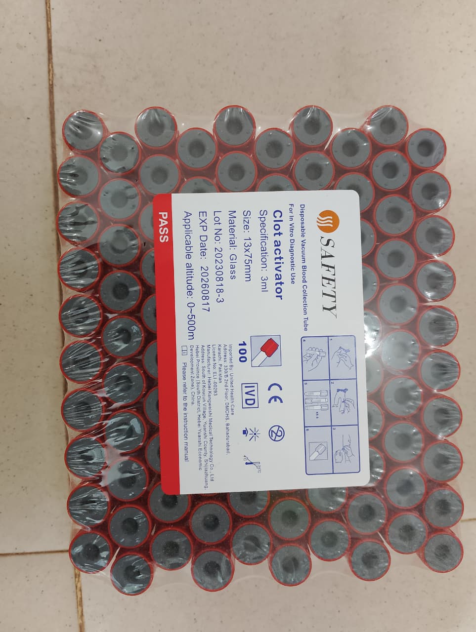 SAFETY Clot Activator Vacuum Blood Collection Tubes (Glass, 3ml,  13x75mm) - Pack of 100