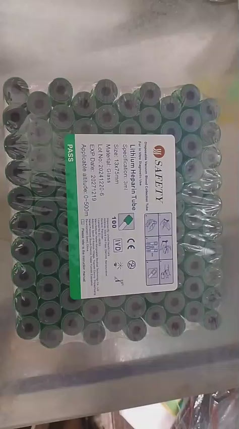SAFETY Lithium Heparin Vacuum Blood Collection Tubes (Glass, 3ml, 13x75mm) - Pack of 100..